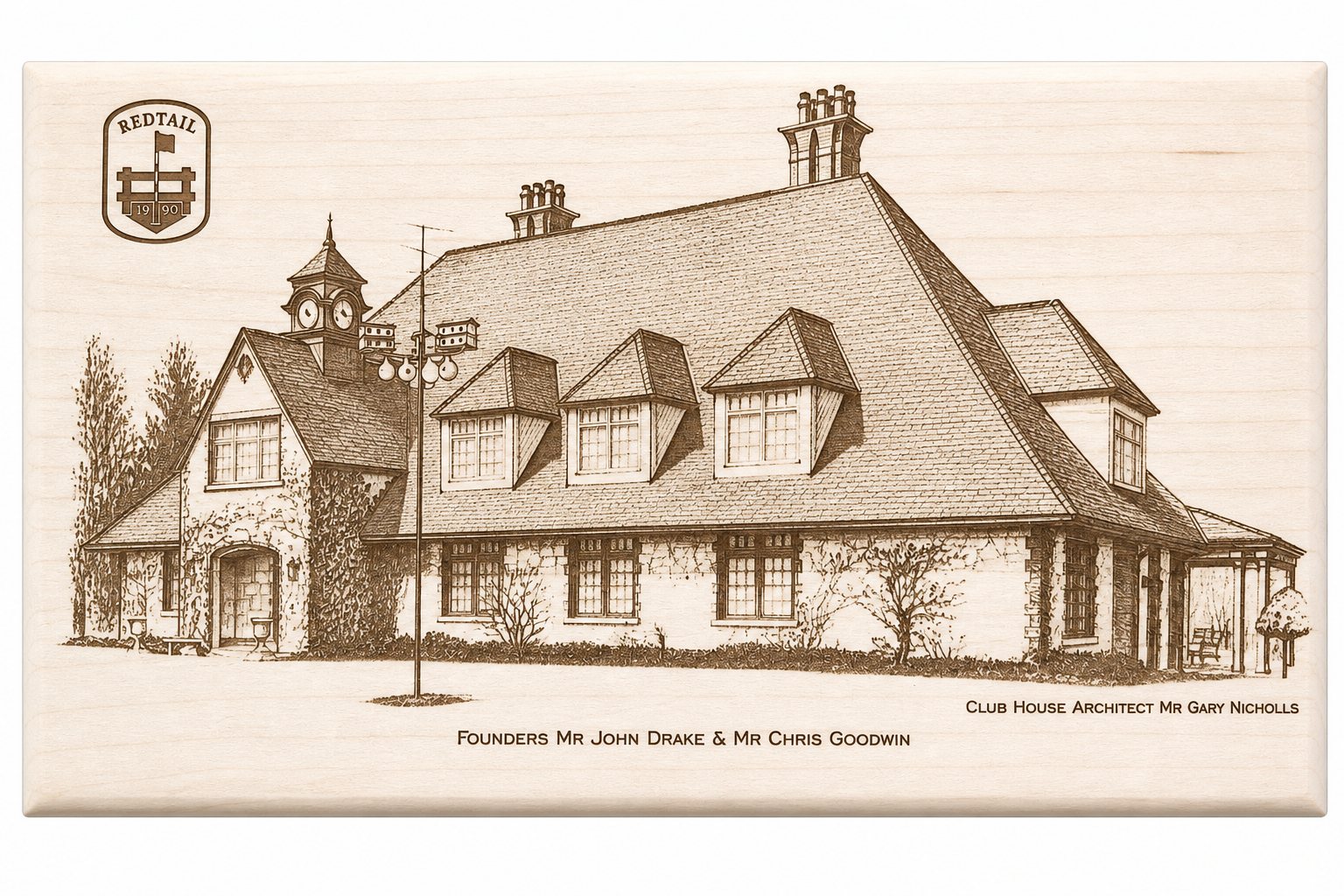 Clubhouse portrait etched on maple.